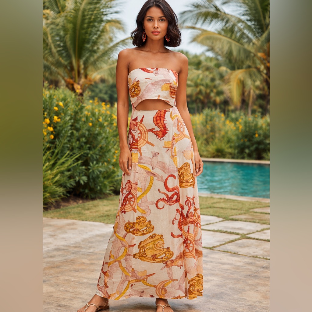 Farm Alegria Beige Maxi Skirt With Red And Yellow Nautical Print